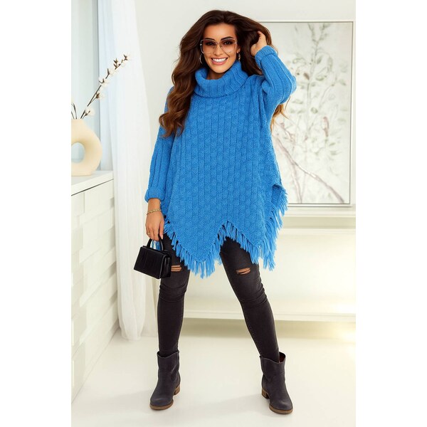 Fashionweek Sveter pončo s rolákom so strapcami BOHO ŠTÝL JK-GAJA 48929398