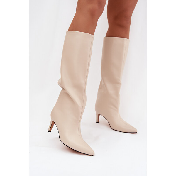 Boto Dámske čižmy na podpätku svetlo béžové 66469374