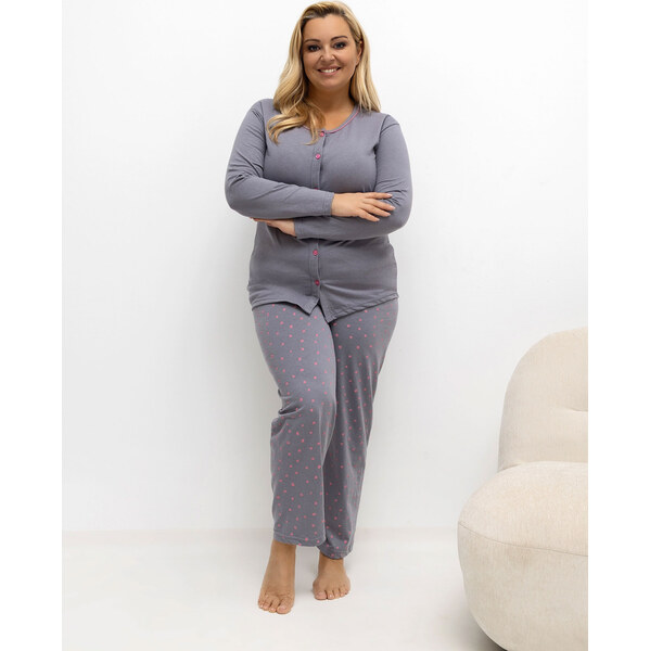 FOREVER PINK Tmavosivé dámske dlhé plus size pyžamo s bodkovanými 66502575