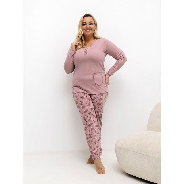 FOREVER PINK Ružové dámske dlhé plus size pyžamo s kvetinovými 66522918