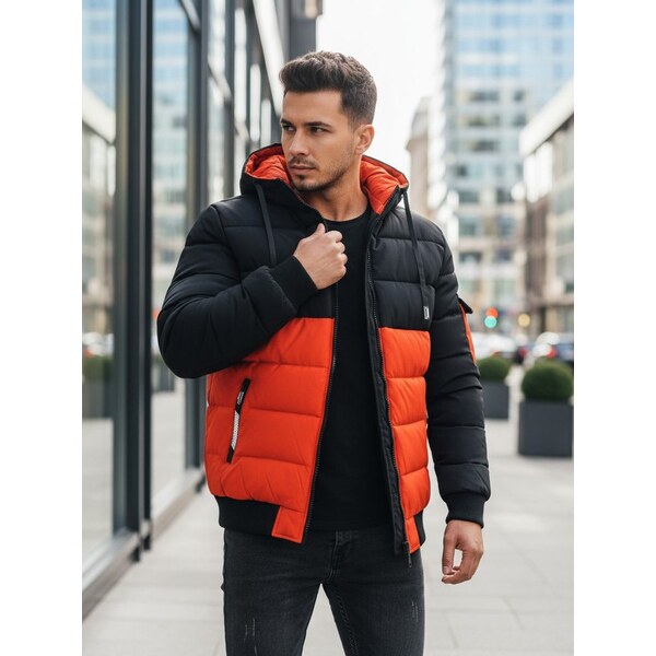 Dstreet Pánska zimná bunda s kapucňou v čierno-oranžovom prevedení 66410105