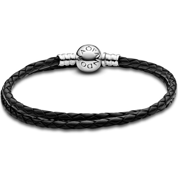 PANDORA náramok Moments dvojitý pletený kožený, čierny 58185187