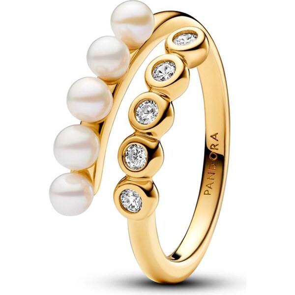 PANDORA Otevřený pozlacený prsten s upravenou kultivovanou sladkovodní 58186144