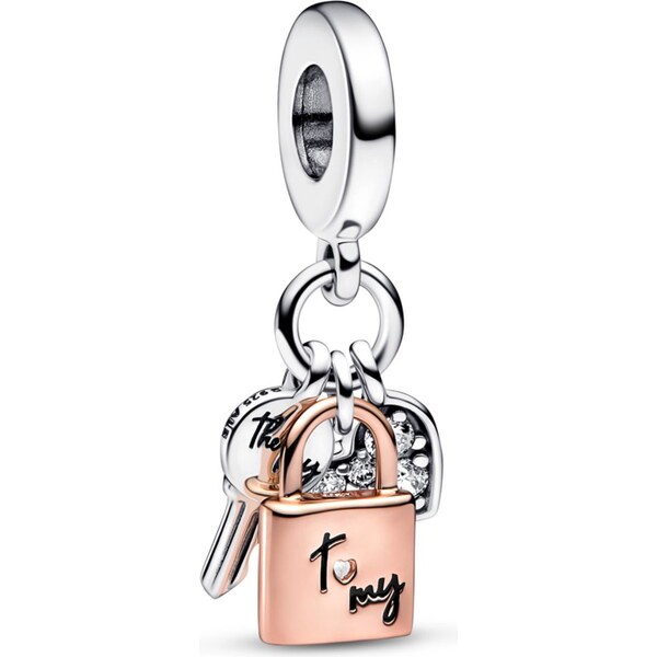 PANDORA prívesok Dvojfarebný kľúč, visiaci zámok a srdce 58185753