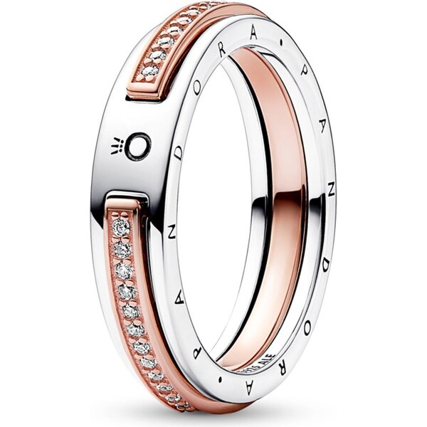 PANDORA Signature dvojfarebný prsteň Logo a pavé 58185913