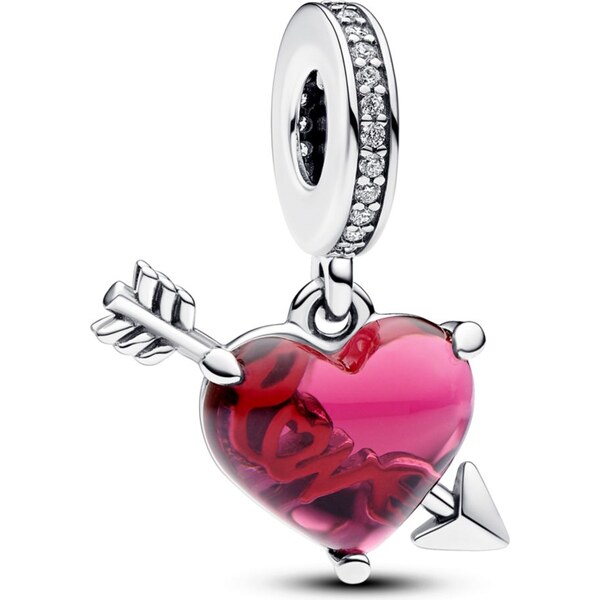 PANDORA prívesok Červené srdce a šíp zo skla Murano 58186061