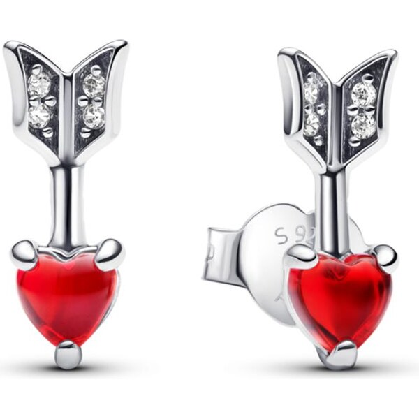 PANDORA Náušnice šíp a srdce s červeným sklom Murano 61458102