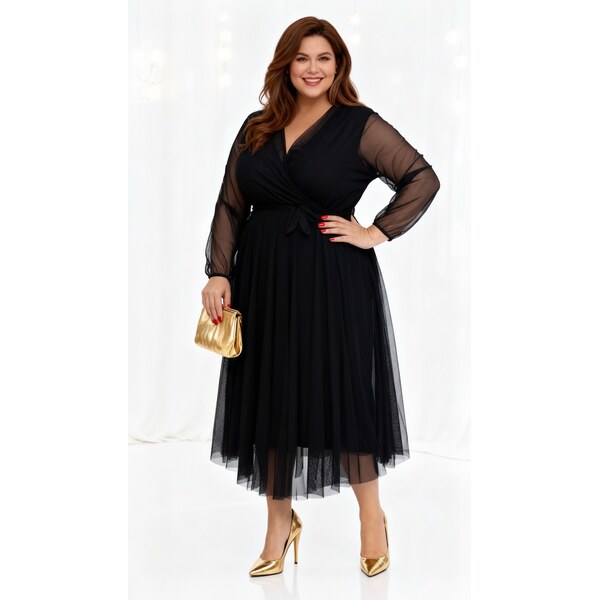 Sieťovinové šaty s prekladaným výstrihom čierne 66045605