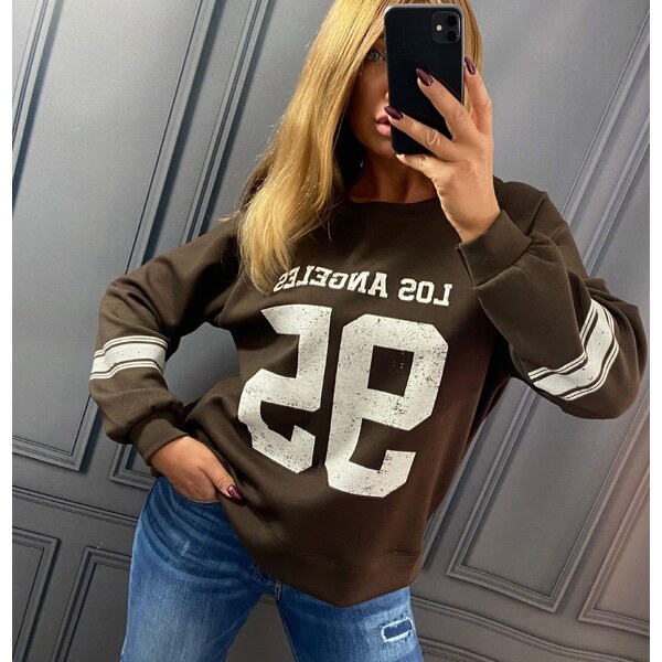 Mikina s číslom a nápisom Los Angeles čokoládovo hnedá 66576229