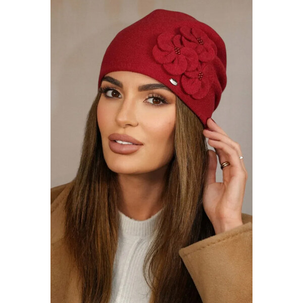 Kamea Červená luxusná elegantná dámska čiapka na zimu s kvietkami 66600212
