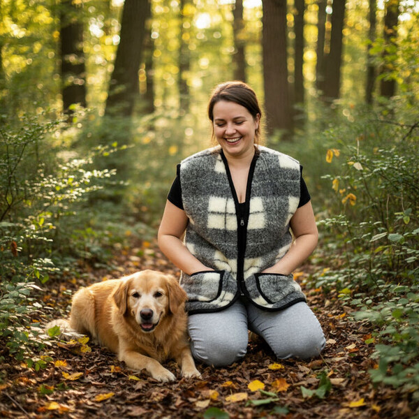 Kockovaná čierna vesta z ovčieho rúna ELU 14858166