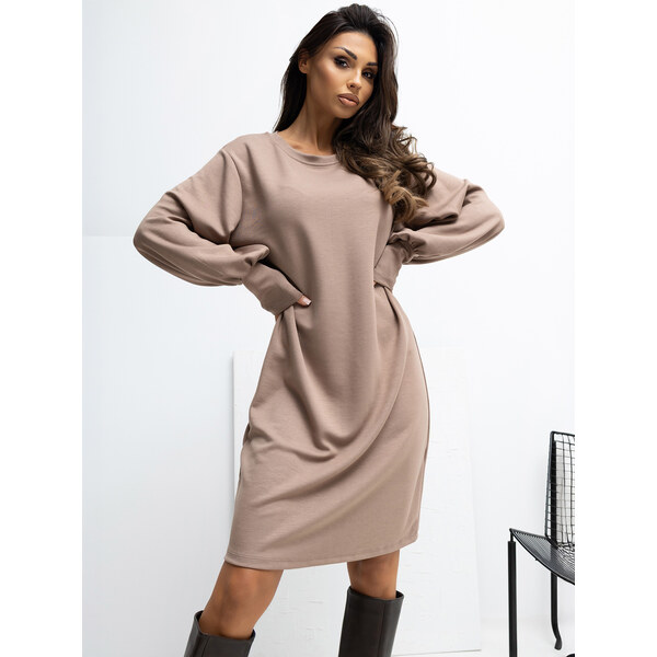 RUE PARIS Tmavobéžové dámske viskózové mini šaty s balónovými rukávmi 66914397