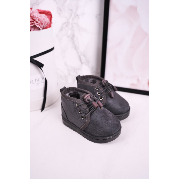 Boto Dziecięce Sznurowane Śniegowce Ocieplone Futerkiem Szare Hunter 67260409