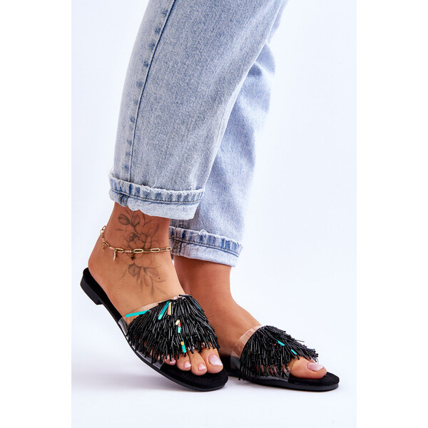 Damskie Klapki Z Modnymi Ozdobami S.Barski KV-576-4 Czarne 66658888