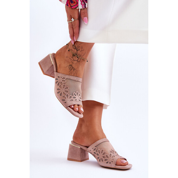 Klapki Na Obcasie Z Siateczką S.Barski KV-612-1 Nude 66658905