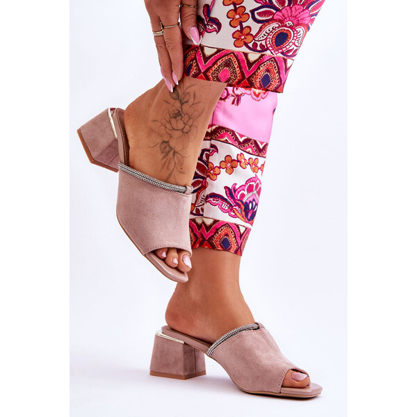 Zamszowe Klapki Na Obcasie S.Barski KV-612-2 Beżowe 66658904