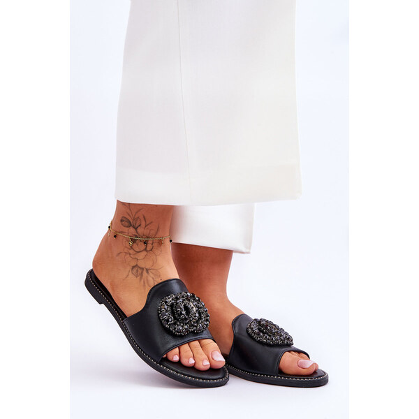 Damskie Płaskie Klapki Z Ozdobami S.Barski KV-520-3 Czarne 66658907