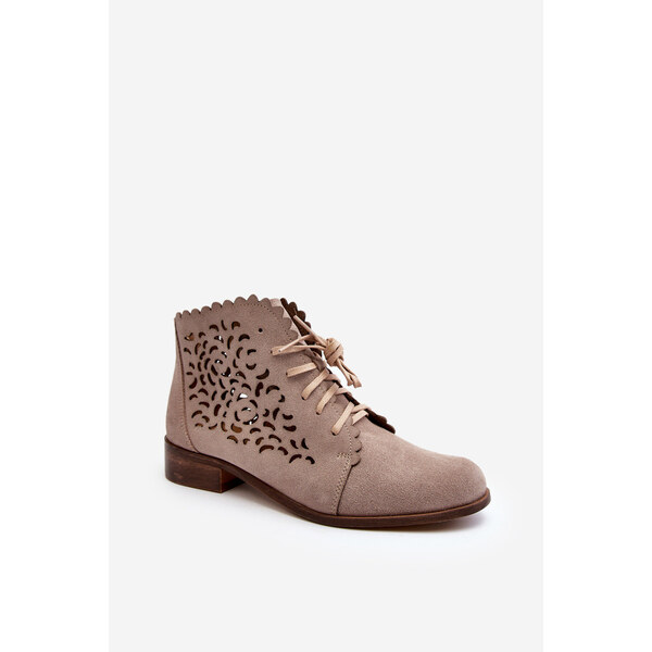 Zazoo 2871 Ażurowe Botki Damskie Sznurowane Beżowe 66659586