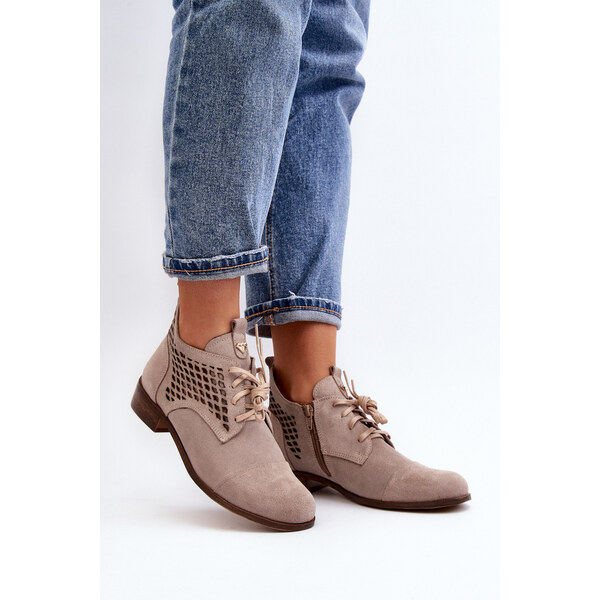 Zazoo 2878 Niskie Ażurowe Botki Damskie Zamszowe Beżowe 66736393