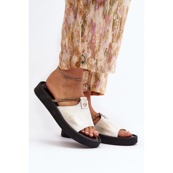 Zazoo 2896 Klapki Damskie Skórzane Biało-Złote 66659595