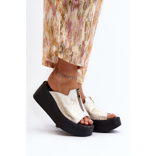 Zazoo 2916 Damskie Klapki Na Masywnej Platformie Z Suwakiem Złote 66659616