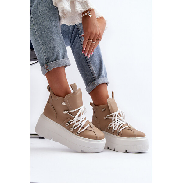 Zazoo 3416 Skórzane Damskie Buty Sportowe Beżowe 66659643