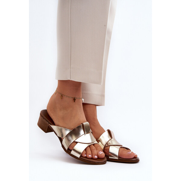 Zazoo 40236 Skórzane Klapki Damskie Na Niskim Obcasie Złote 66659673