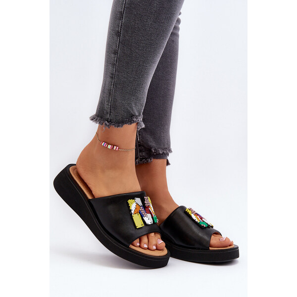 VINCEZA Skórzane Klapki Damskie Z Ozdobą Czarne Asames 66659743