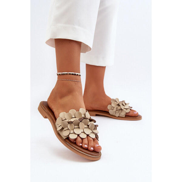 Zazoo 40381 Damskie Skórzane Klapki Na Płaskim Obcasie Beżowe 66659779