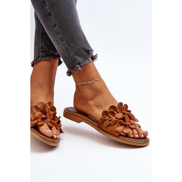 Zazoo 40381 Damskie Skórzane Klapki Na Płaskim Obcasie Brązowe 66659828