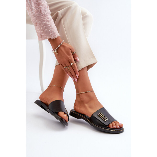 Zazoo 40384 Eleganckie Skórzane Klapki Damskie Czarne 66660050