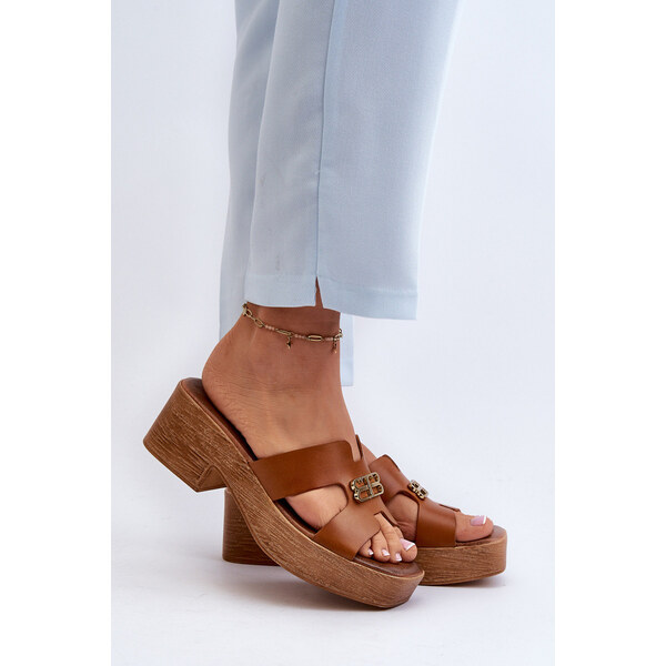 Zazoo 40412 Skórzane Eleganckie Klapki Damskie Ze Złotą Ozdobą Brązowe 66660235