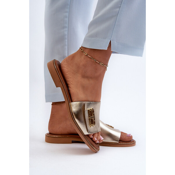 Zazoo 40384 Eleganckie Skórzane Klapki Damskie Złote 66660236