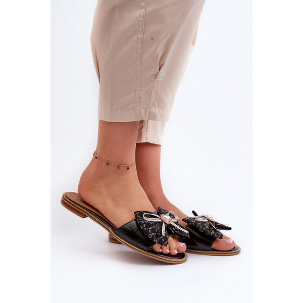 Płaskie Skórzane Klapki Damskie Z Kokardą Laura Messi 2791 Czarne 66660377