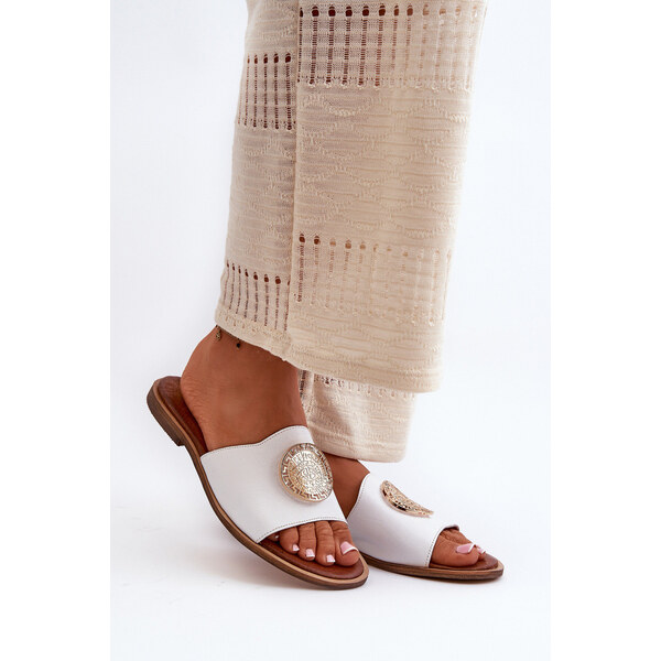 Zazoo 2938 Skórzane Klapki Na Płaskim Obcasie Z Ozdobą Białe 66660619