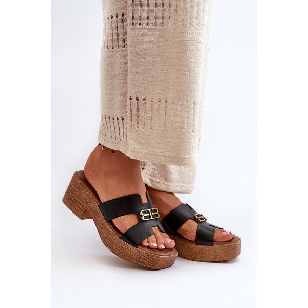 Zazoo 40412 Skórzane Eleganckie Klapki Damskie Ze Złotą Ozdobą Czarne 66660628