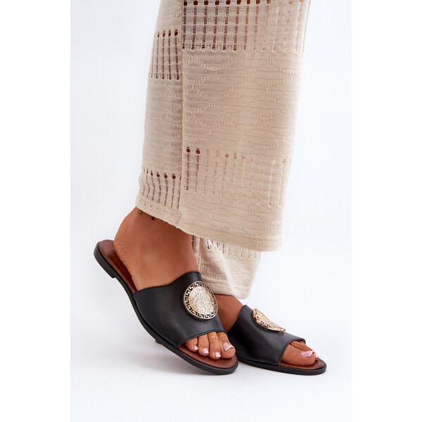 Zazoo 2938 Skórzane Klapki Na Płaskim Obcasie Z Ozdobą Czarne 66660618