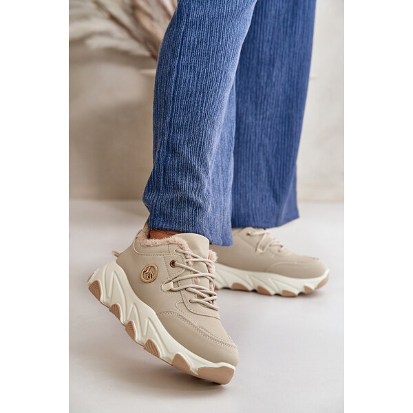 Boto Ocieplane Buty Sportowe Damskie Sznurowane Na Platformie Beżowe 66660759
