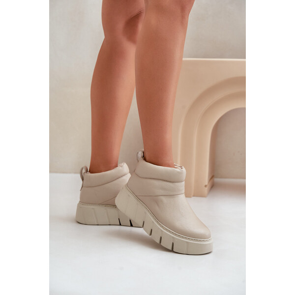 Zazoo 60470 Skórzane Botki Ocieplane Wełną Na Platformie Jasnobeżowe 66661349