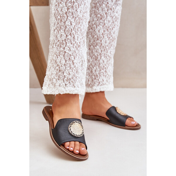 Boto Skórzane Klapki Z Ozdobą Na Płaskim Obcasie Zazoo 3047/O Czarne 66661613