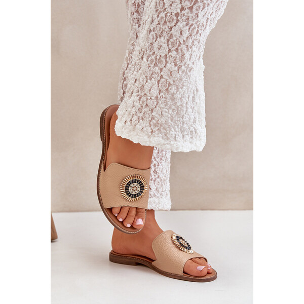 Boto Skórzane Klapki Z Ozdobą Na Płaskim Obcasie Lewski 3047/O Beżowe 66661609