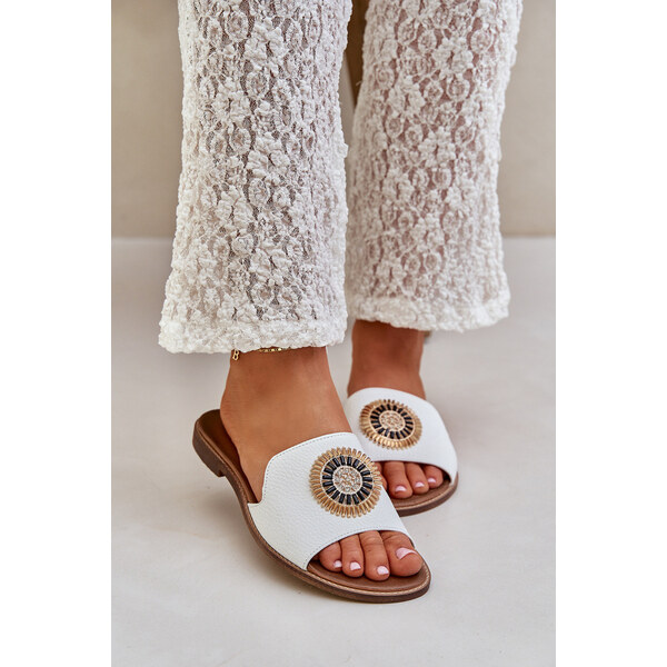 Boto Skórzane Klapki Z Ozdobą Na Płaskim Obcasie Lewski 3047/O Białe 66661612