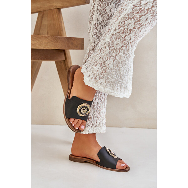 Boto Skórzane Klapki Z Ozdobą Na Płaskim Obcasie Zazoo 3047/O Czarne 66661614