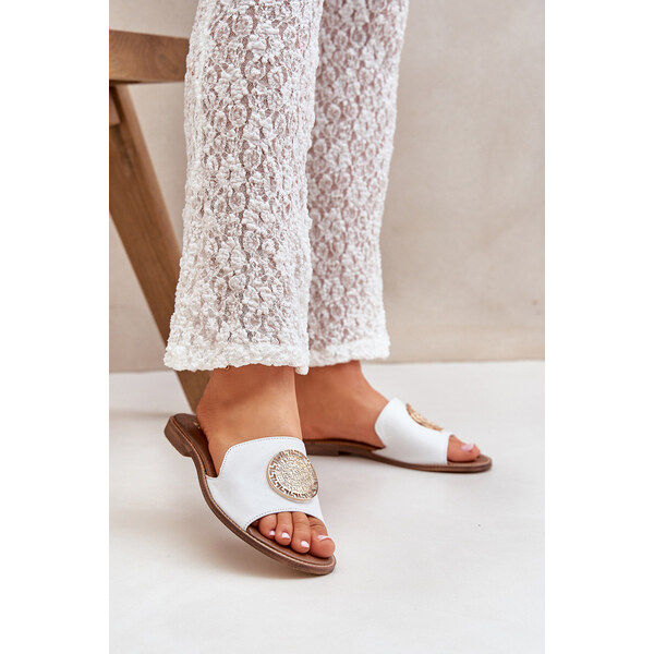 Boto Skórzane Klapki Z Ozdobą Na Płaskim Obcasie Zazoo 3047/O Białe 66661615