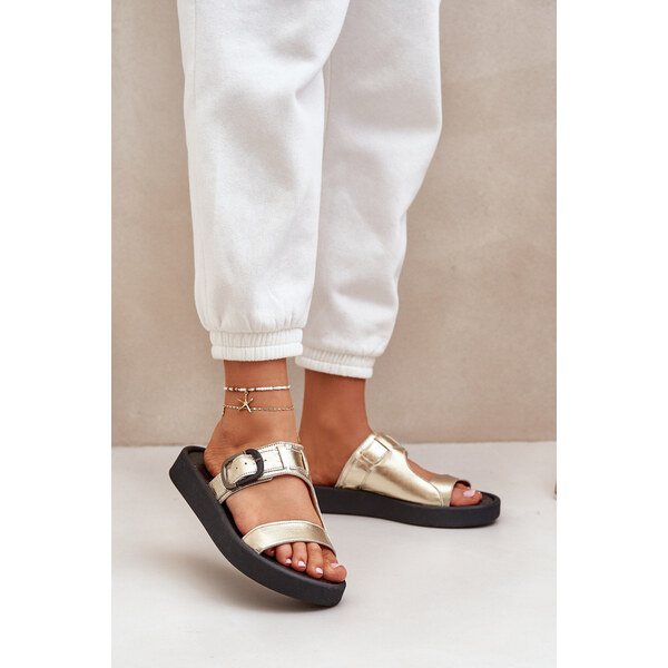 Skórzane Klapki Damskie Na Platformie Zazoo 3024 Złote 66661632