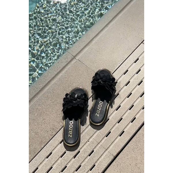 Zazoo 40381 Damskie Skórzane Klapki Na Płaskim Obcasie Czarne 66661741