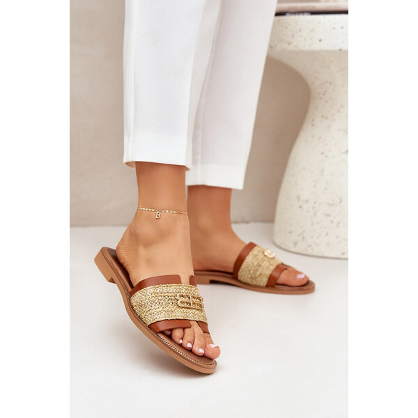 Skórzane Klapki Z Ozdobnym Detalem I Plecionką Zazoo 40426 Brązowe 66661734