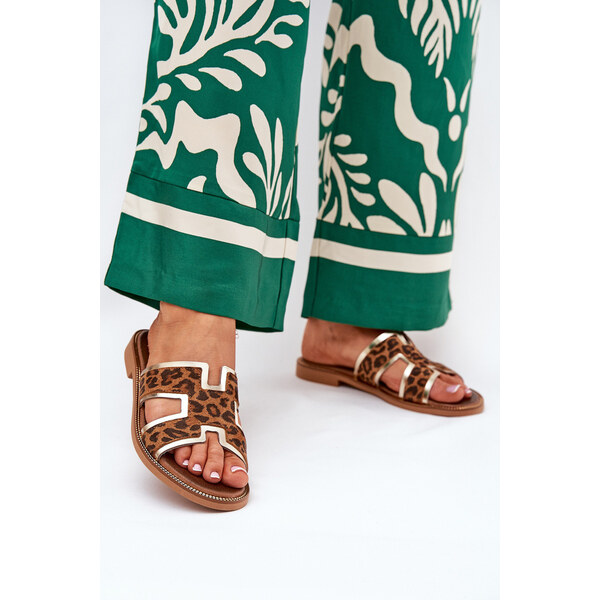 Skórzane Płaskie Klapki W Panterkę Zazoo 40383 Brązowe 66661738