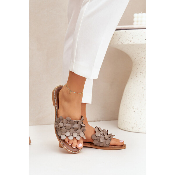 Zazoo 40381 Damskie Skórzane Klapki Na Płaskim Obcasie Taupe 66661742