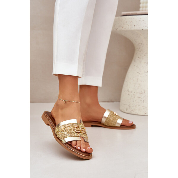 Skórzane Klapki Z Ozdobnym Detalem I Plecionką Zazoo 40426 Złote 66661733